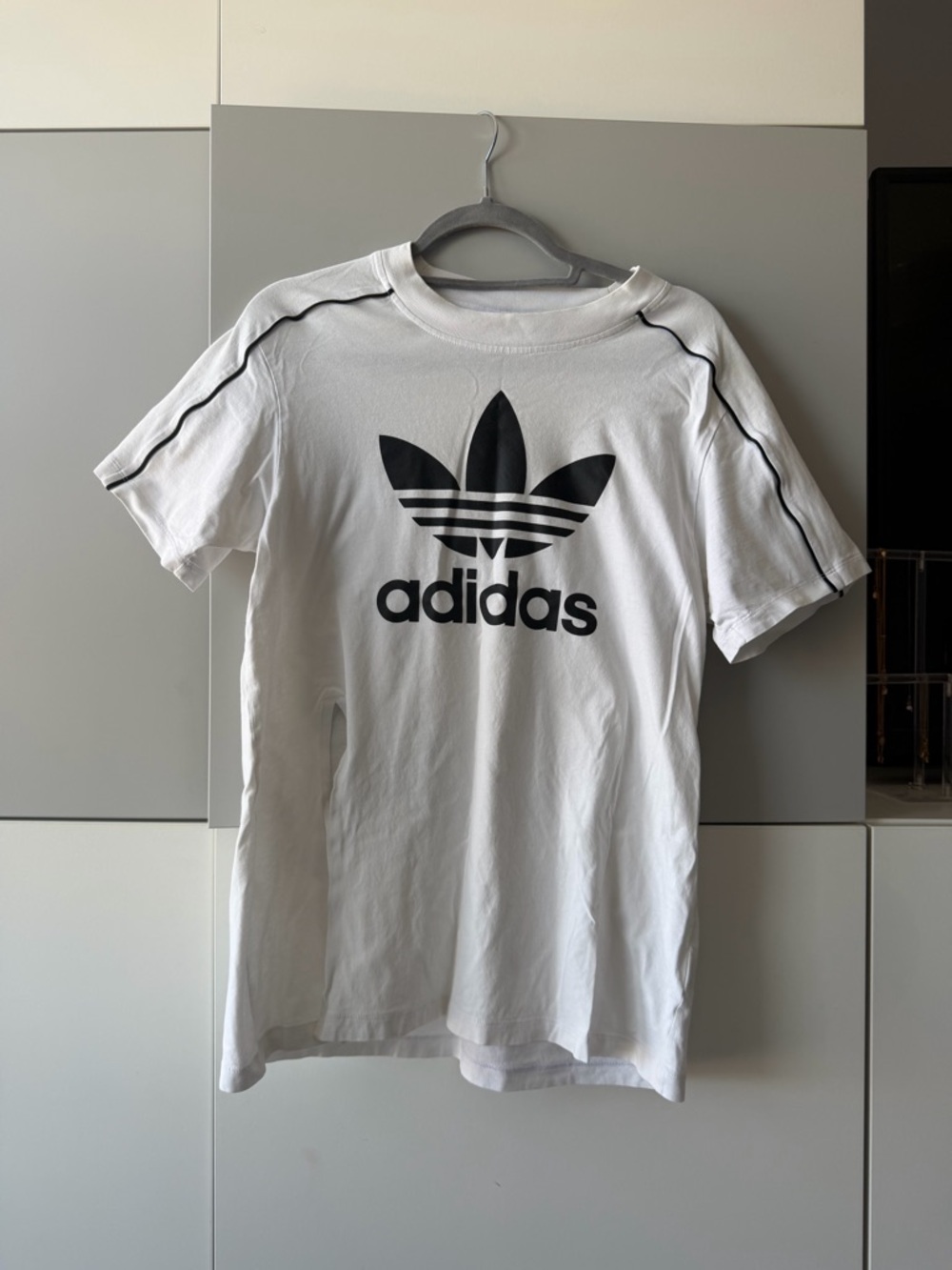 adidas White Short Sleeve Tee with Black Trefoil and Stripe Detail